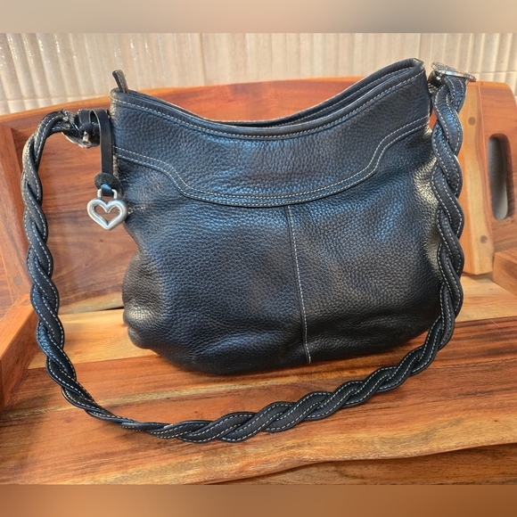 Brighton Handbags - 1993 BRIGHTON Black PEBBLED LEATHER Shoulder Bag with Heart Charm